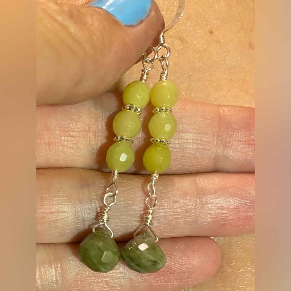 Vesuvianite & Lemon Jade Earrings Natural Green Gemstones Long Artisan Dangles